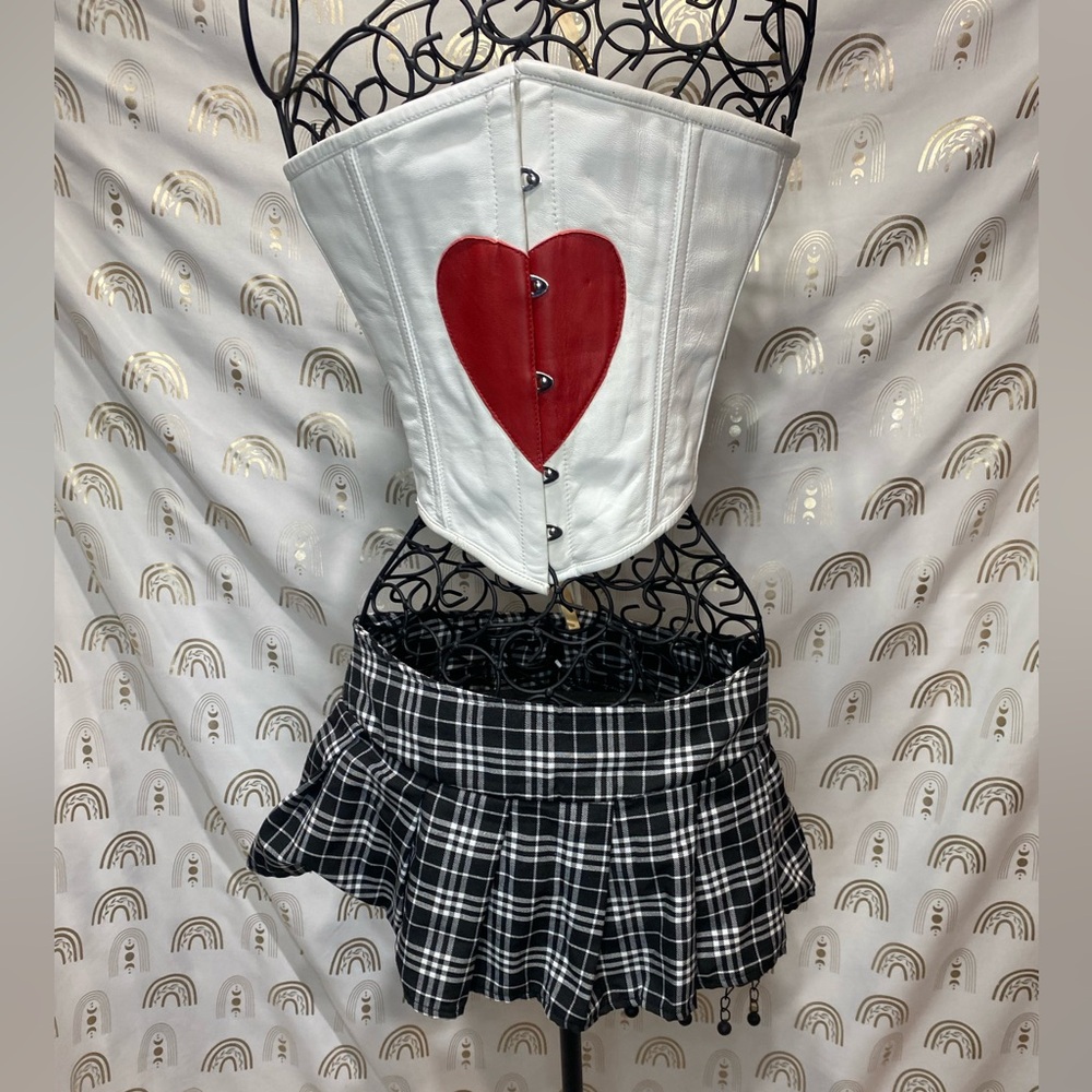 Black and White Plaid Skirt set with Genuine leather corset